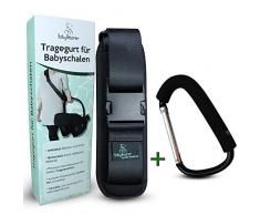 Tragegurt Babyschale • Tragehilfe zum Transport von Babyschalen jeder Marke • komfortables Schulterpolster • hochwertiger & größenverstellbarer Gurt • stabiler Verschluss + Gratis Kinderwagenhaken