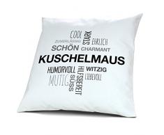Kopfkissen mit Namen Kuschelmaus - Motiv Positive Eigenschaften Tagcloud Schwarz, 40 cm, 100% Baumwolle, Kuschelkissen, Liebeskissen, Namenskissen, Geschenkidee