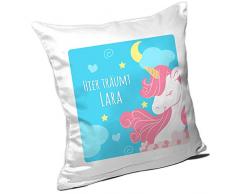 Eurofoto Einhorn-Kissen mit Namen Lara und Text - Hier träumt Lara - für Mädchen | Namenskissen personalisiert | Kuschelkissen | Gute-Nacht-Kissen