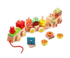 Lewo Eisenbahn Holz mit Steck-Formen Nachziehspielzeug Ziehspielzeug Holzspielzeug Lernspielzeug für Kinder Kleinkind mit 27 Bausteinen