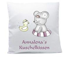 personalisiertes Kissen mit Namen und Wunschtext ★ Badeente Maus ★ 40x40 cm inkl. Füllung ★ Kuschelkissen ★ Geschenk (Vorderseite + Rückseite weiß flauschig)
