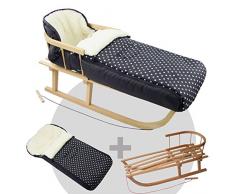 BAMBINIWELT KOMBI-ANGEBOT Holz-Schlitten mit Rückenlehne & Zugseil + universaler Winterfußsack (108cm), auch geeignet für Babyschale, Kinderwagen, Buggy, aus Wolle (schwarz weiße Punkte)