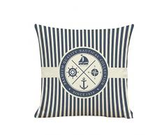 BIGBOBA Leinen Sofakissen-Bezug Piraten Anker Muster Weicher Dekorativ Sofa Kissenbezug Blau-Weiß-Streifen Kissenhülle 45*45cm