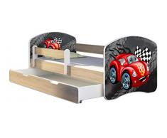 Kinderbett Jugendbett mit einer Schublade und Matratze Sonoma mit Rausfallschutz Lattenrost ACMA II 140x70 160x80 180x80 (05 Rote Auto, 180x80 + Bettkasten)