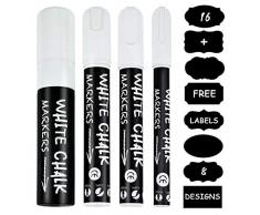 Kreidestift Weiss, UlifeME 3mm, 6mm, 10mm und 15mm Kreidestifte für Tafel, Fenster & Glas, Trocken & Feucht Abwischbare Kreidemarker, 4 Stück Flüssige Kreide Weiß Set + 16pcs Kreidetafel Labels