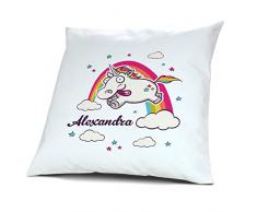 Kopfkissen mit Namen Alexandra - Motiv Verrücktes Einhorn, 40 cm, 100% Baumwolle, Kuschelkissen, Liebeskissen, Namenskissen, Geschenkidee