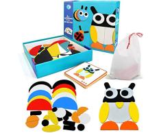 EPCHOO Holzmuster Blöcke, Tiere Puzzle Tangram Holzpuzzles Musterblöcke Farbsortierung Stapeln Spiel Lernspielzeug für Kleinkinder, 29 Shapes+20 Musterkarten mit Aufbewahrungstasche