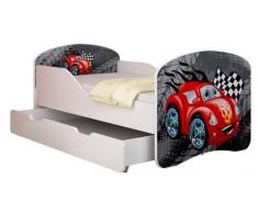 Clamaro Traumland Motiv Kinderbett Komplett Set 80 x 160 cm inkl. Matratze, Lattenrost und Bettkasten Unterbett Schublade auf Rollen, Sicherheit durch ABS Kantenschutz und Seitenteilen mit Rausfallschutz - 160 x 80 cm, Design: 05 - Racing Car Rot Motiv
