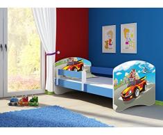 Clamaro Fantasia blau Motiv Kinderbett Komplett Set 140 x 70 cm inkl. Matratze und Lattenrost, Kantenschutzleisten umlaufend, extra Rausfallschutz Seitenteil (verstellbar), Seitenteile: Blau, Design: 03 Verfolgungsjagd