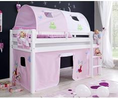 Froschkönig24 Hochbett Alex Kinderbett Spielbett Bett Weiß Stoffset Prinzessin, Matratze:ohne