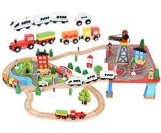 KRUZZEL Bateriebetriebene Lokomotive Holz Eisenbahn Set 88 TLG.für Kinder ab 3 Jahre Mädchen Jungen 9363