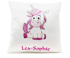 Kissen mit Namen Geburt Einhorn pink 40x40 cm inkl. Füllung Kuschelkissen, Kissen Farbe:Vorderseite weiß/RS blau