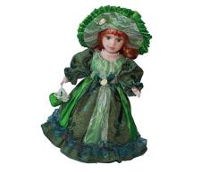 30cm Porzellan Mädchen Puppe Sammlerpuppe Standpuppe mit Prinzessinkleid, Handtasche, Hut und Ständer - Grün, B