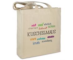 Stofftasche mit Namen Kuschelmaus - Motiv Positive Eigenschaften - Farbe beige - Stoffbeutel, Jutebeutel, Einkaufstasche, Beutel
