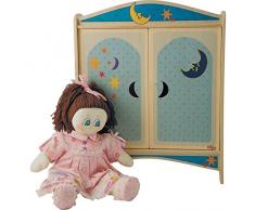 Dida - Puppenschrank Aus Holz Mit Garderobenstange Und 4 Kleiderbügeln Für Puppen Bis 50 cm Höhe - Dekoration: Mond. Optimal Für Die Puppenecken Im Kindergarten Und In Der Kinderkrippe