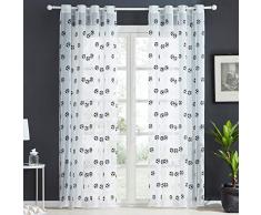 Topfinel Voile Gardinen mit Ösen in Leinen-Optik Fußball-Stickerei für Kinderzimmer Wohnzimmer Fenster Tülle Vorhänge Transparente Dekoschal 2er Set je 160x140cm (HxB) Schwarz
