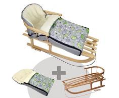 BAMBINIWELT KOMBI-ANGEBOT Holz-Schlitten mit Rückenlehne & Zugseil + universaler Winterfußsack (90cm), auch geeignet für Babyschale, Kinderwagen, Buggy, aus Wolle im Eulendesign (Motiv $11)