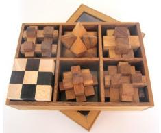 6 Knobelspiele im Set - Spielesammlung 3D Puzzle - Denkspiele - Knobelspiele - Geduldspiele - Logikspiele in Edler Geschenkbox aus Holz mit transparentem Deckel