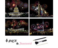 ShipeeKin 4X Kratzbilder, 290 x 210 MM Weltberühmte Sehenswürdigkeiten mit Feuerwerk Wandbild, Beschichtete Bunte Kratzpapier mit Werkzeug Set
