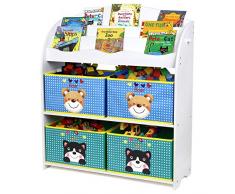 Homfa Kinder Aufbewahrungsregal Bücherregal Kinderregal Spielzeugaufbewahrungregal Spielzeugkiste Kinderkommode mit 4 Faltbarer schubladen, Motiv(Bär und Katze)