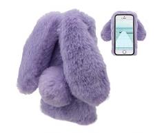 LCHDA Plüsch Hülle iPhone 5 5S SE Flauschige Hasen Fell Hülle Handyhülle Für Mädchen Süße Winter Warm Weich Kaninchen Pelz Niedlich Hasenohren Handytasche Schützend Stoßfest TPU Silikonhülle-Lila