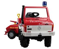 Rolly Toys 036268 Fire Unimog Feuerwehr (Tretauto 3-8 Jahre mit Anhänger, Spritze, Blinklicht, Schaltung, Bremse), Rot