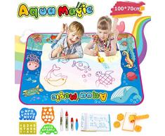 OUNUO Wasser Doodle Matte 100*70cm Zaubertafel Malmatte Wasser, mit 1 Malerroller, 4 Zeichenformen, 4 Stifte, 3 Stempel, 2 Schwamm, 1 Bilderbuch, Wasser Zeichnen Matte Drawing Painting Mat