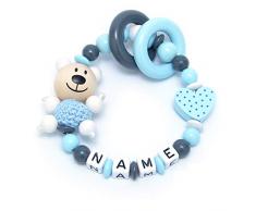 Baby Greifling Beißring geschlossen mit Namen - individuelles Holz Lernspielzeug als Geschenk zur Geburt Taufe - Jungen Motiv Bär und Herz in babyblau