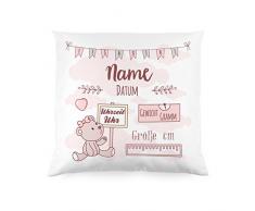 Striefchen® Kissen als Geschenk zur Taufe oder Geburt mit Namen & Datum - Teddybär - Babygeschenk oder Geburtskissen Mädchen