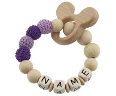 Premium Greifling mit Namen HOLZ Rassel Modell Naturholz und Häkelperlen Maus