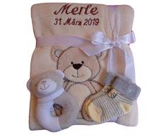 Babydecke mit Namen bestickt Babysocken Babyrassel Greifling Baby Geschenk Geburt Taufe (beige Bär)