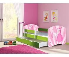 Clamaro Fantasia Grün 180 x 80 Kinderbett Set inkl. Matratze, Lattenrost und mit Bettkasten Schublade, mit verstellbarem Rausfallschutz und Kantenschutzleisten, Design: 08 Prinzessin Einhorn