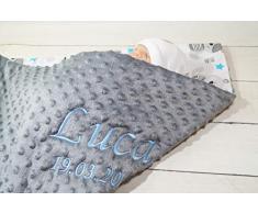 ★ Babydecke mit Namen und Datum bestickt ★ MINKY ★ Baumwolle ★ Füllung ★ (75 x 100 cm, Grau - Bären)