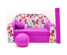 Welox Kindersofa Bettfunktion 3in1 - Kindersessel, Ausziehbett, rosa Schmetterlinge