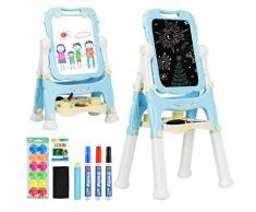 COSTWAY 2 in 1 Kindertafel, Kinder Staffelei doppelseitig, Whiteboard und Kreidetafel, Schreibtafel magnetisch, Standtafel höhenverstellbar, Spieltafel mit Malzubehör und großem Ablagefach (Blau)