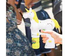 Relaxdays Einhorn Seifenblasenpistole, LED, batteriebetrieben, 2x Seifenblasen Flüssigkeit, Kinder & Erwachsene, weiß