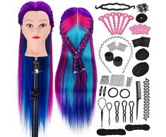 Trainingskopf für Frisöre, Mysweety Frisierpuppe für Kinder Training 100% Synthetisches Haar Steigung Übungskopf mit Haargeflecht Zubehör & Klemme, Lila-Bla Frisierkopf Kinder 71cm #24
