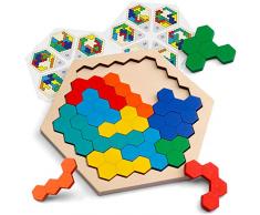 Coogam Hölzernes Sechseck-Puzzle - Form Block Tangram Denkaufgabe Spielzeug Geometrie Logik IQ Spiel STEM Montessori Pädagogisches Geschenk für alle Altersgruppen Herausforderung
