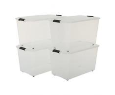 Iris Set von 4, Rollerbox 70 Liter, Rollbox mit Handel, Ordnungssystem, Rollenbox mit Deckel, Stapelbare Aufbewahrungsbox, Kunststoffbox-70 Liter, Plastik, Transparent, 4 x 70 L
