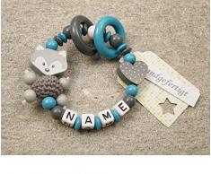 Baby Greifling Beißring geschlossen mit Namen - individuelles Holz Lernspielzeug als Geschenk zur Geburt Taufe - Mädchen Jungen Motiv Fuchs und Herz in grau türkis