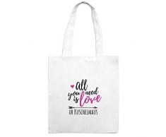 Jutebeutel mit Namen Kuschelmaus - Motiv All You Need is Love - Farbe weiß - Stoffbeutel, Jutesack, Hipster, Beutel