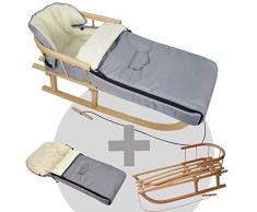 BambiniWelt24 BAMBINIWELT Kombi-Angebot Holz-Schlitten mit Rückenlehne & Zugseil + universaler Winterfußsack (90cm), geeignet für Babyschale, Kinderwagen, Buggy, Wolle Uni (Hellgrau)