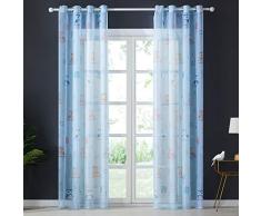 Topfinel Voile Vorhänge mit Ösen Lichtdurchlässige Gardinen Lang mit Eulenmustern für Kinderzimmer Wohnzimmer Fenster 2er Set je 215x140cm (HxB) Blau
