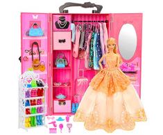 Miunana 73 PCS Kleiderschrank Möbel für 11,5 Zoll Mädchen Puppen = 1 Schrank + 1 Schuhschrank + 16 Kleider + 10 Schuhe + 10 Kleiderbügel + 6 Halsketten + 6 Kronen + 10 Tasche + 13 Accessoires