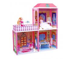 MULTISTORE Puppenvilla Groß 3 Zimmer+TERASSE 110tlg Möbel+2 Puppen Puppenhaus Set Spielhaus