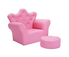 GOPLUS Kindersessel mit Hocker, Kindercouch in Kronen- Form, Kindersofa mit Kristallknöpfen, Sofa Set ohne Harte Kante, Solide Holzstruktur, Weich, Leichte Reinigung, Perfekt für Mädchen, Rosa