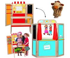 alles-meine.de GmbH 3 in 1 ! Kaufmannsladen + Kreidetafel + Kasperletheater aus Holz - aufklappbar - Kaufladen Theater - für Kinder Mädchen Jungen - Kaufladen