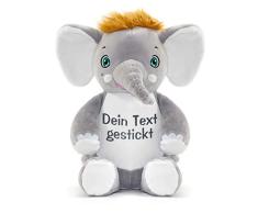 Direkt-Stick.de Elefant Kuscheltier mit Namen, plüsch Elefant Bestickt mit 2 Zeilen Text, Namen, Geburtstag, Geburtsdatum, Plüschtier personalisierbar mit Stickerei, Stofftier, Plüschelefant