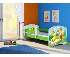 Clamaro Fantasia Grün Motiv Kinderbett Komplett Set 160 x 80 cm inkl. Matratze und Lattenrost, Kantenschutzleisten umlaufend, extra Rausfallschutz Seitenteil (verstellbar), Seitenteile: Pink, Design: 29 Flugzeug