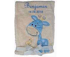Babydecke beige Giraffe mit Namen bestickt Taufe Baby Geburt (hellblau)